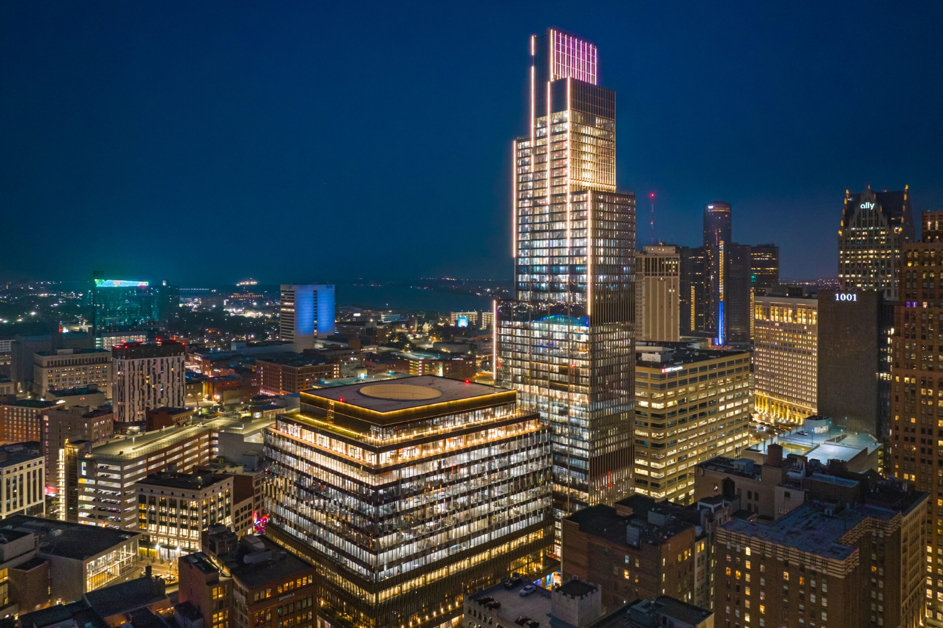 Aerial view of downtown Detroit at night